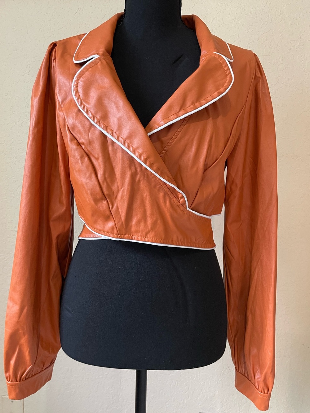 Womens Rust Faux Leather Cropped Jacket with White Piping